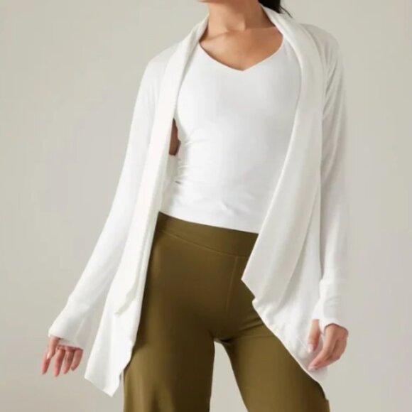 Athleta Sweaters - Athleta White Pranayama Wrap Cardigan Womens Large Tall Long Sleeve Pockets NWOT
